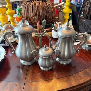Vintage Preisner Pewter Tea or Coffee Service Coffee Pot Tea Pot Sugar Bowl Set